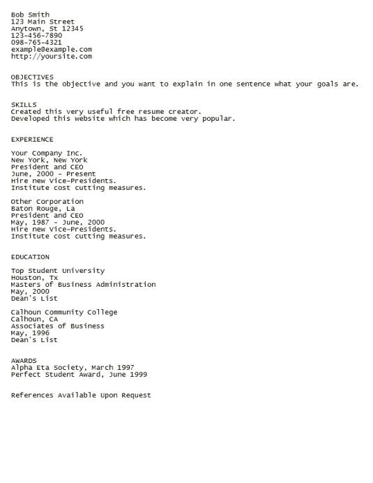 ASCII text format scannable resume example